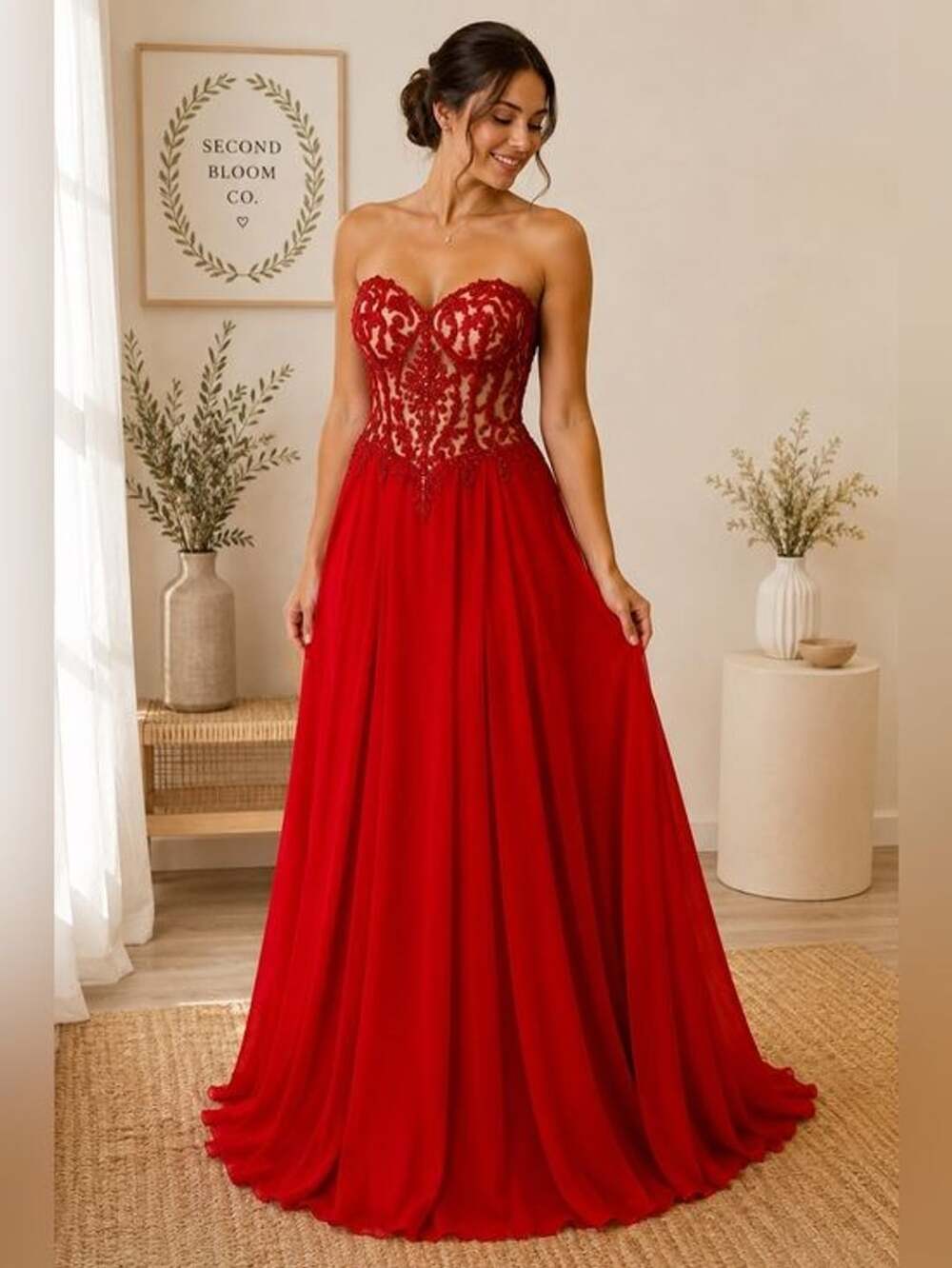 Coya Collection Medium Red Beaded Strapless Corset Back Formal Prom Gown Med
